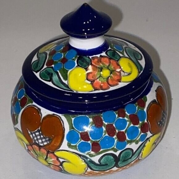 Small Trinket Dish Bowl with Lid Colourful Mexican Clay Glazed Pottery Signed - Picture 2 of 5